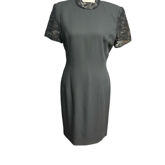 Donna Morgan Sheath Cocktail Dress Size 6P Black Sheer Lace Back High Neck Party - Picture 2 of 12